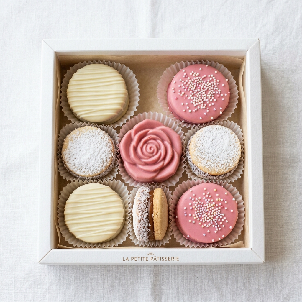 Alfajores de cocktail mini bañados en chocolate rosado y blanco