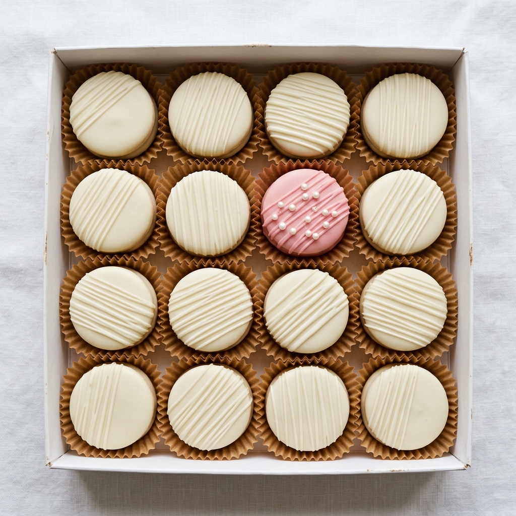 Alfajores tradicionales bañados en chocolate blanco con decoración artesanal